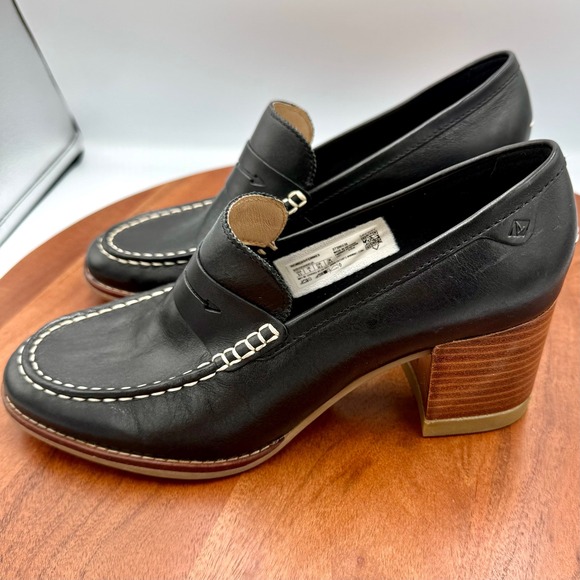 Sperry Seaport Penny Loafer Pumps Black Leather Block Heel STS86538 Womens 8.5 - Picture 5 of 13